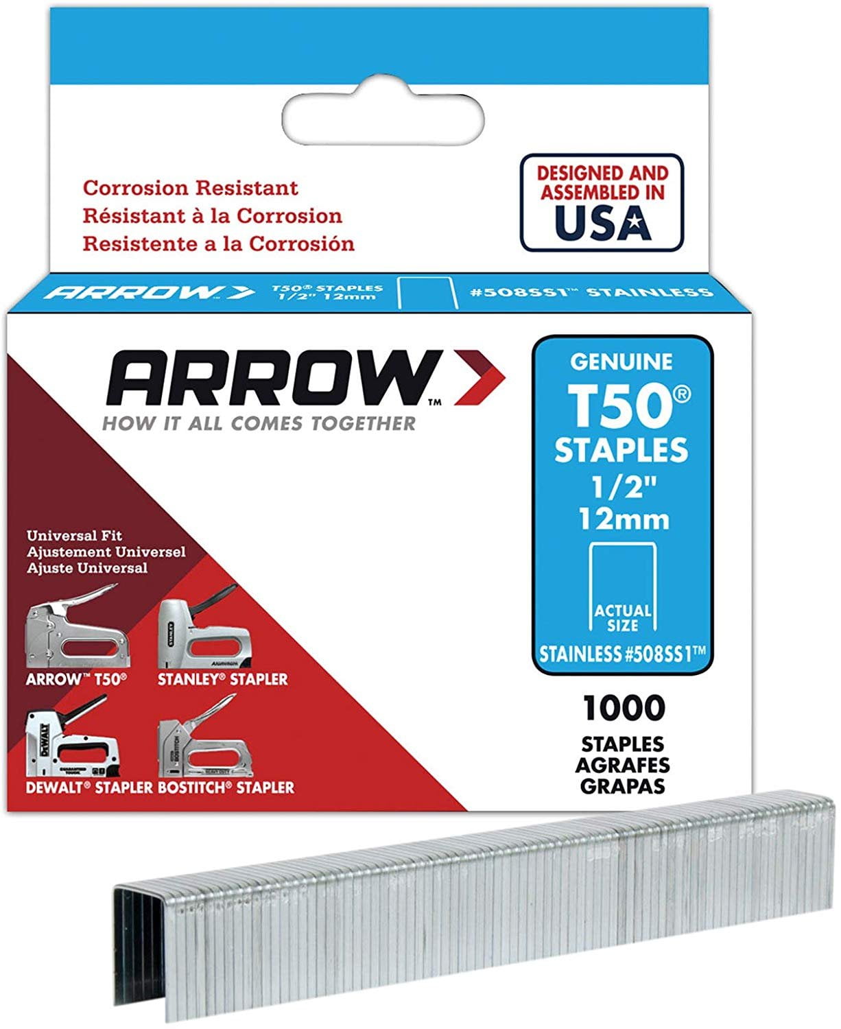 Arrow Fastener 508SS1 Genuine T50 1/2-Inch Stainless Staples, 1,000-Pack
