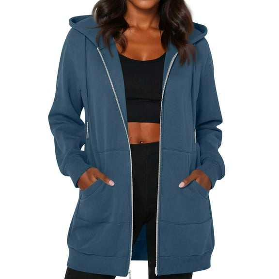 Fgvctg Zip Up Hoodie Women Soft Sweatshirt Long Sleeve Fleece Drawstring Jackets Fall Oversized Long Tunic Clothing with Pockets Blue M