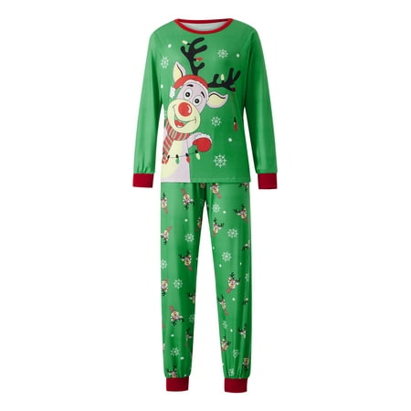 

Vera Natura Family Matching Christmas Pajamas Cartoon Elk Snowflake Print Long-Sleeved Tops + Elastic Waist Trousers