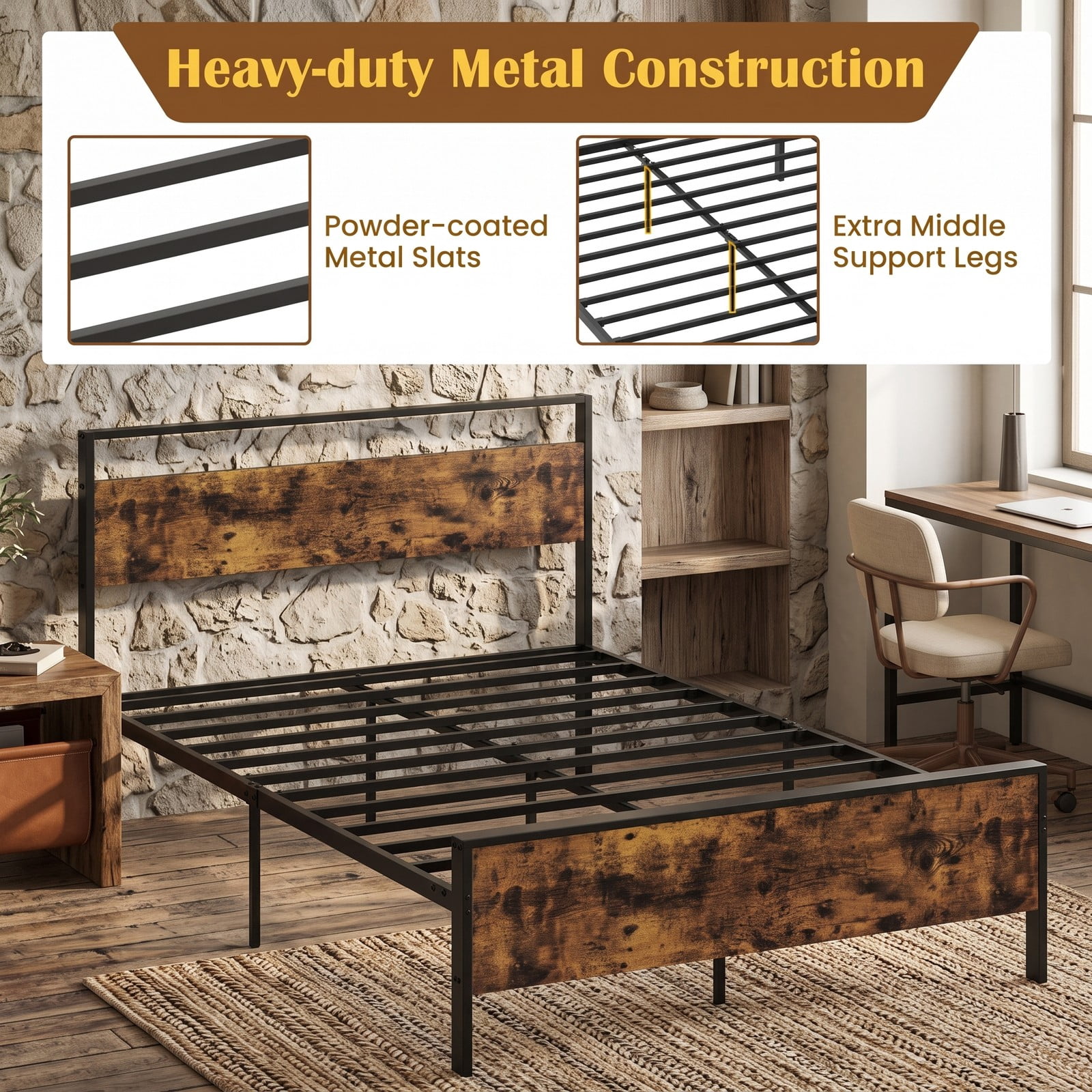 Furnibear Full Size Bed Frame, Metal Platform Bed Frame with Wooden Headboard, Full Bed Frame with Under Bed Storage for Bedroom, Rustic Brown