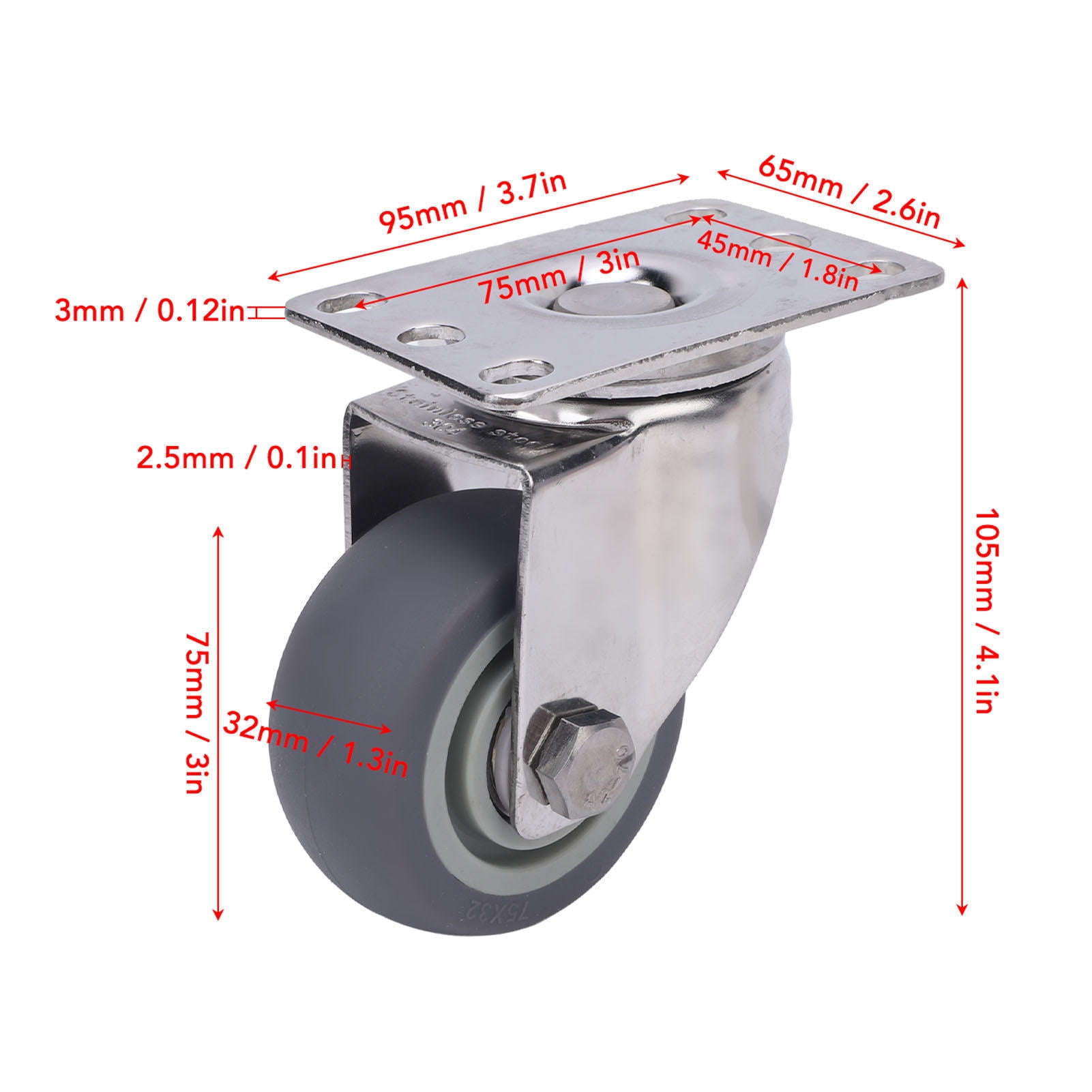 YAHHU 3" Inch 304 Stainless Steel Universal Caster with TPR Quiet Wheel, 60kg Load, 360° Rotation, Ideal for Cart, Furniture, Workbench