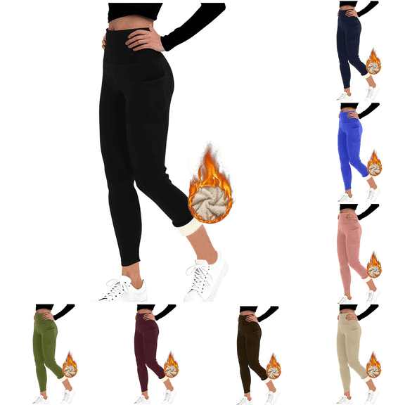 Lzobxe Pants for Women Fleece Lined Leggings High Waisted Stretch Ankle Yoga Pants Winter Thermal Warm Workout Running Tights with Side Pockets,Sizes S-2XL