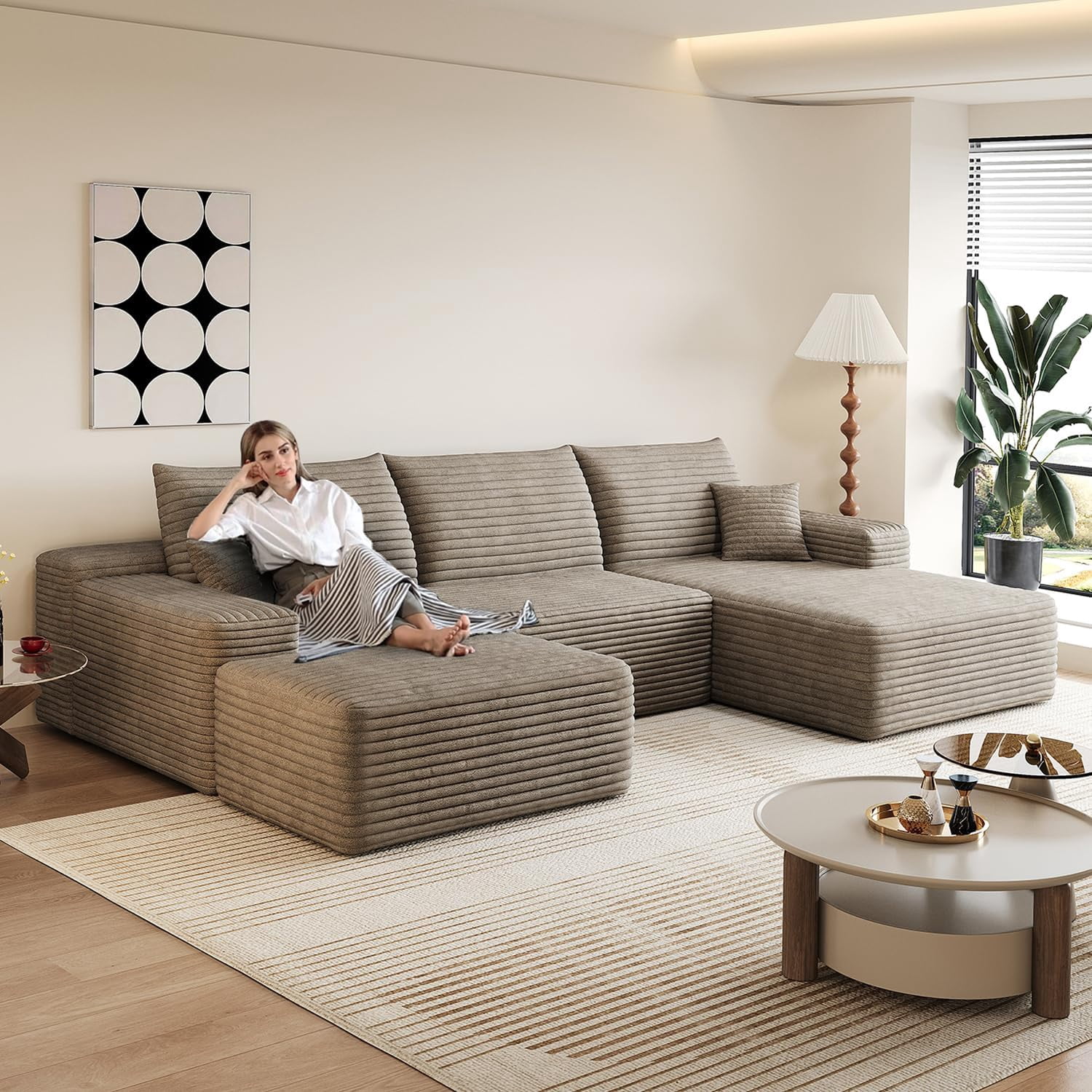 Sailvan 107" Cloud Sectional Couch, Cloudy Sofa with L-Shape Chaise & Ottoman, Upholstered Couches for Living Room & Bedroom, No Assembly Required, Plush Corduroy Fabric, Camel