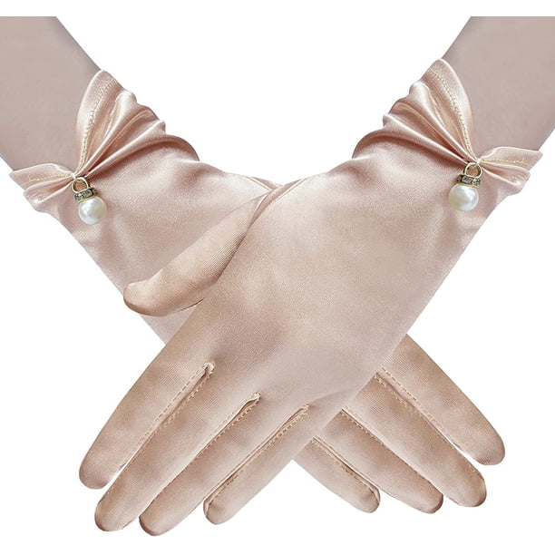Xiao Hua Guantes de satén, guantes cortos para mujer, guantes de princesa, para mujeres, niñas, novias, bodas, ópera, banquetes, fiestas de disfraces, beige