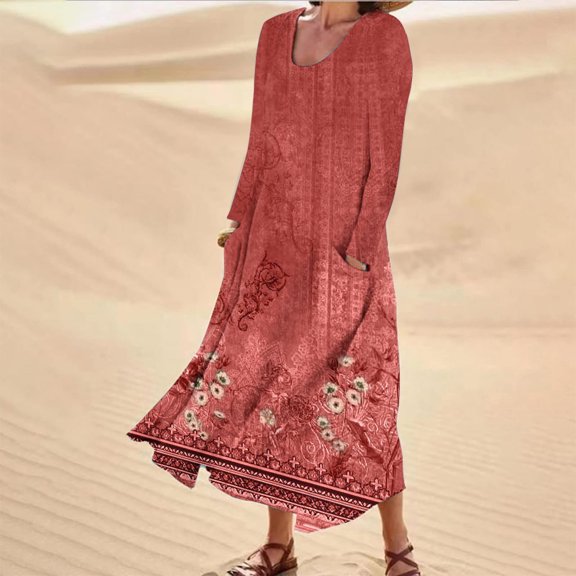 Lilgiuy Womens Round Neck Ruffle Long Sleeve Simple Floral Print Casual Summer Dress Gifts for Your Family Menber