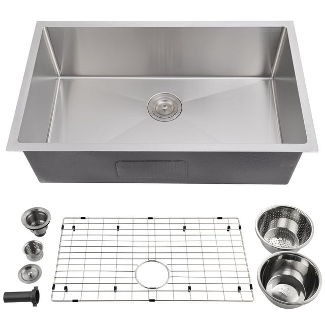 Kojooin Undermount Single Bowl Kitchen Sink, Stainless Steel Deep Basin for Kitchen Washing, Freestanding or Wall Mount, Portable Standing Utility Sink, Includes Bottom Set & Accessories