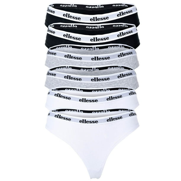 ellesse tangas señora, pack de 6 - HILLAR, ropa interior, algodón elástico, logo en cintura Negro/Blanco/Gris M (Medium)
