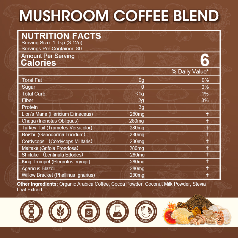 Mushroom Coffee Powder,Organic Instant Coffee Mushroom Supplement Powder, Mushroom Coffee Blend Complex for Focus & Memory,Brain, 8.8Oz(250g)