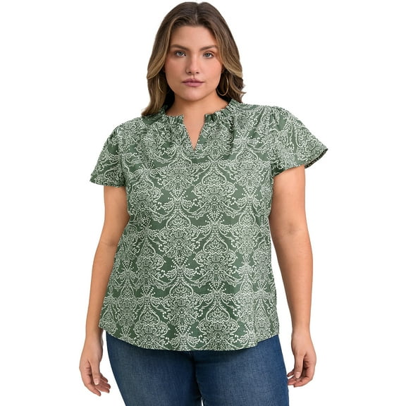DARING DIVA Women's Plus V Neck Short Sleeve Flowy Casual Blouse 4X Gray Green