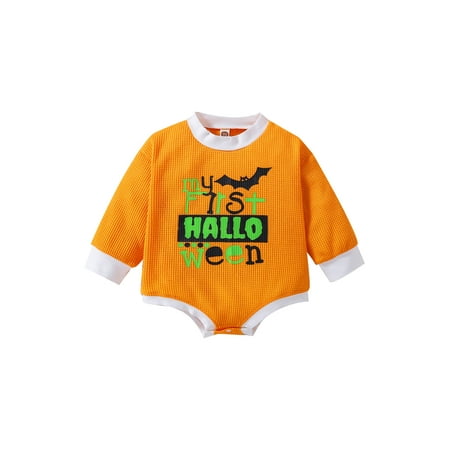 

Bagilaanoe 3-18 Months Newborn Baby Boy Girl Halloween Romper Long Sleeves Cartoon Letter Skull/Bat Print Bodysuit