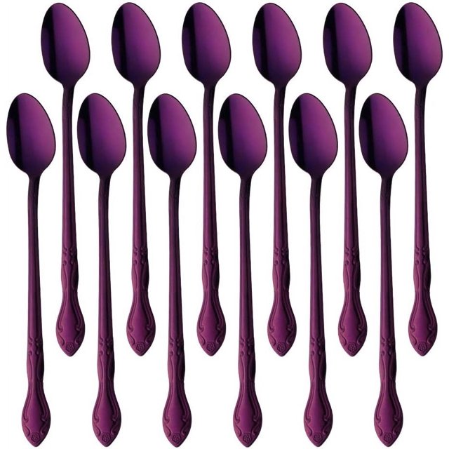 Iced Tea Spoon Set for 12 Coffee Spoon 7.9 -Inch Stainless Steel Spoon Set Ice Cream Spoon Long Spoon Dessert Spoon Milkshake Spoon-Purple
