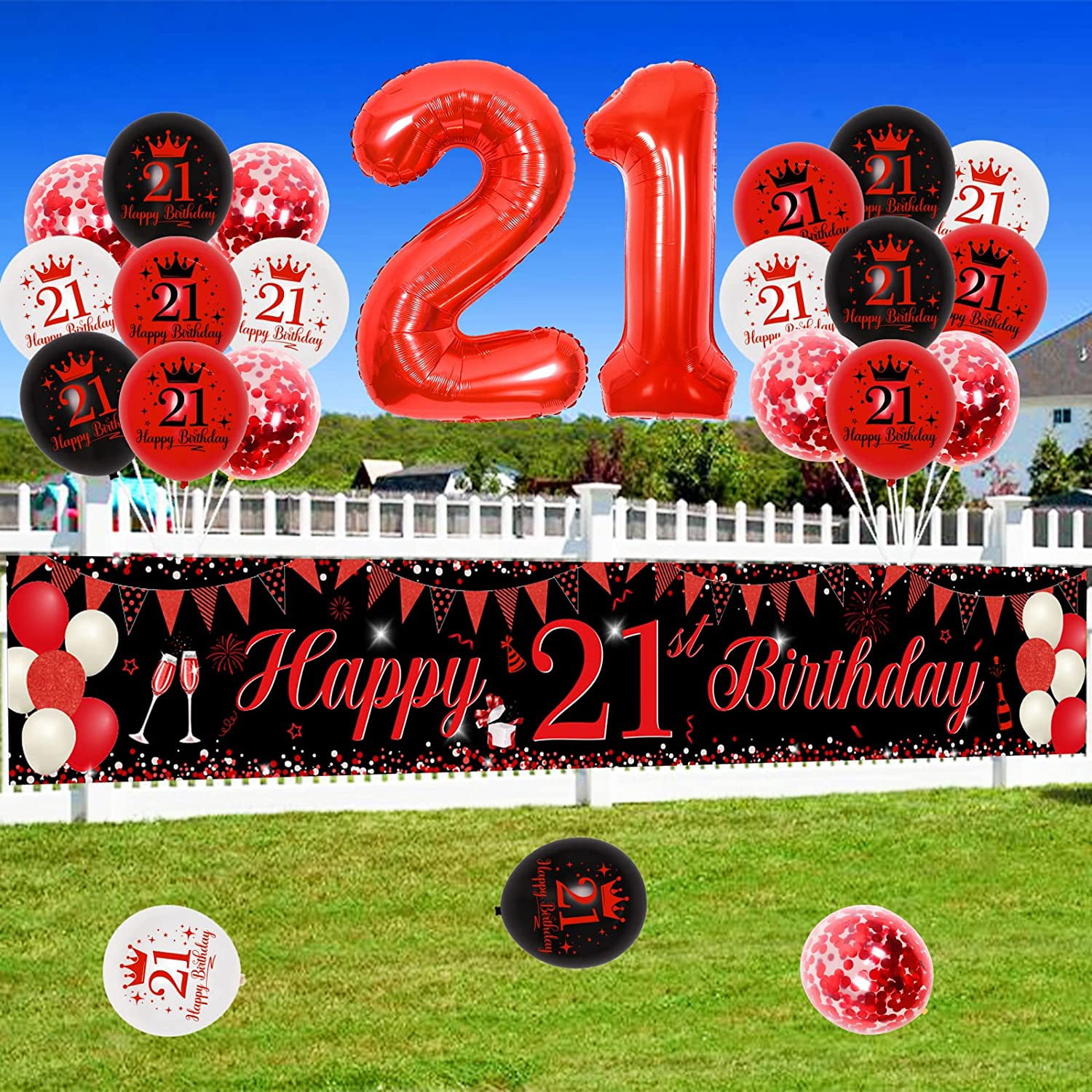 Red and Black 21st Birthday Decorations for Boys Girls, 21 Birthday Party Supplies with Happy 21st Birthday Yard Banner 9.8 x 1.6ft Confetti Foil Balloons Triangle Flag for 21st Birthday Party Decor