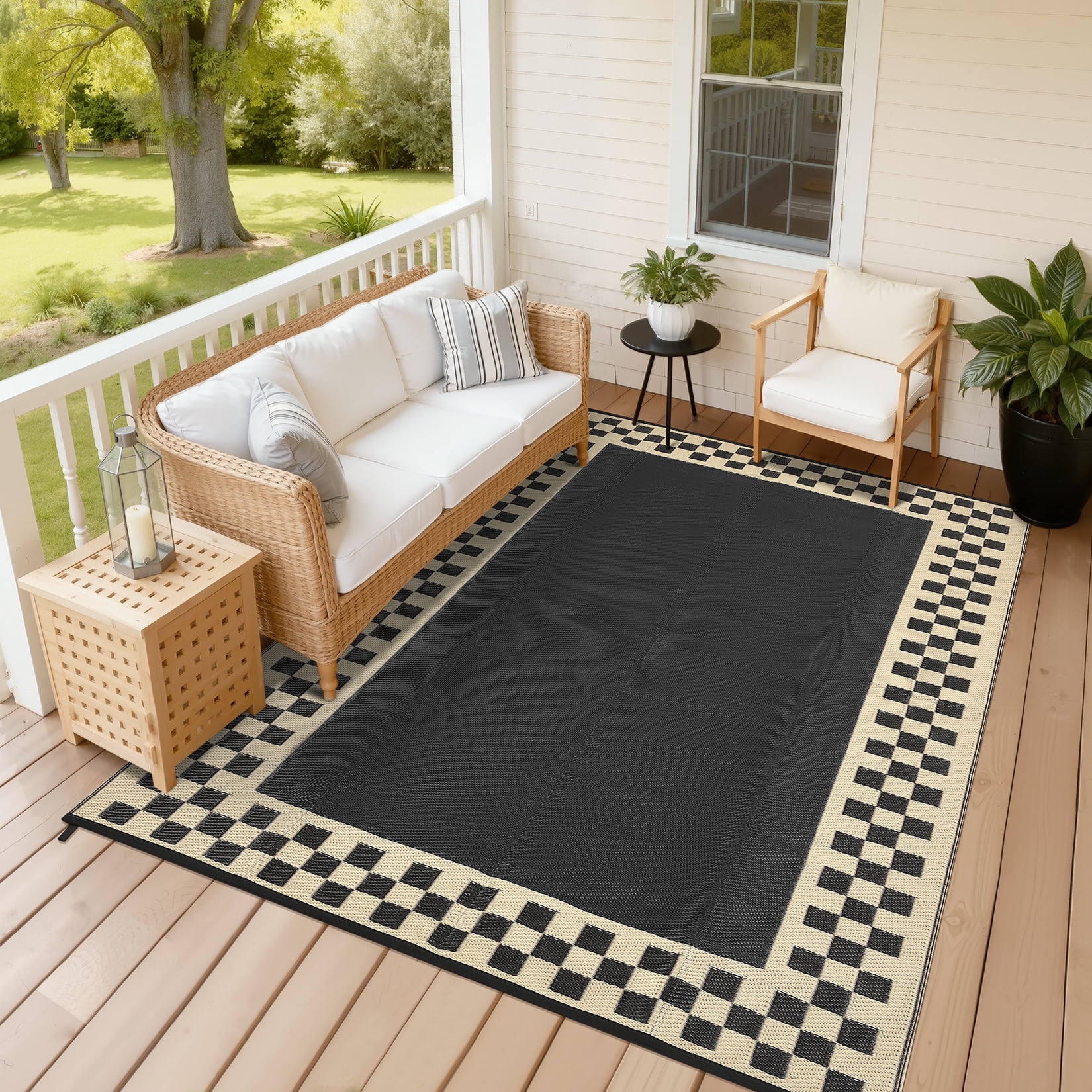 Hasoo 9' x 18' Black/Brown Outdoor Rug for Patio Decor Waterproof Plastic Straw Modern Geometric Bordered Carpet PP Tube Woven Portable Camping Mat for Picnic Balcony