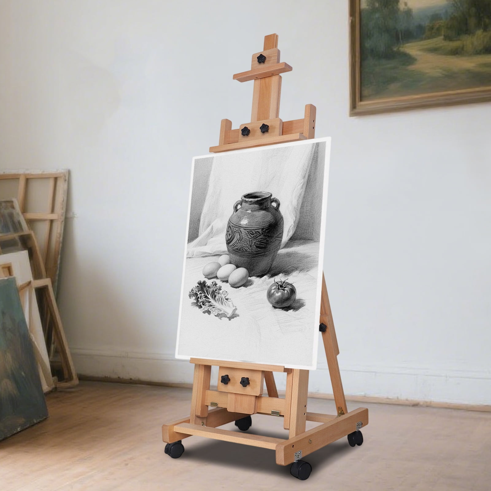 Extra Large Studio H-Frame Easel Adjustable Solid Beech Wood Artist Easel Movabl