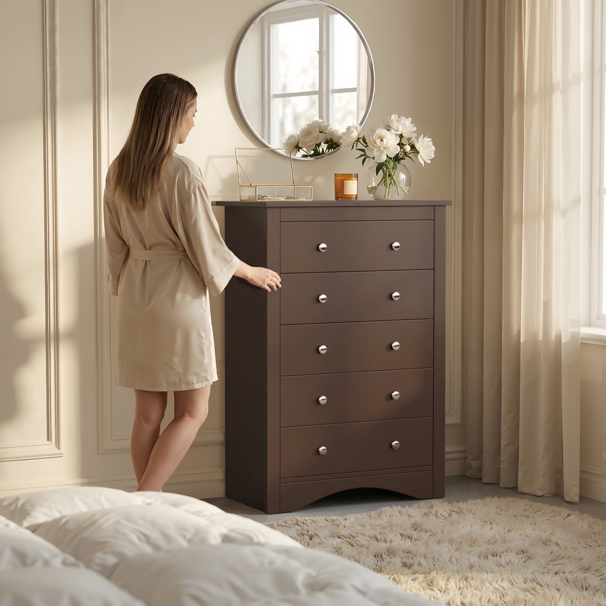 Homall 5 Drawer Tall Dresser for Bedroom, Wide Storage Cabinet for Living Room, Wood Chest of Drawers with Metal Handles, Brown