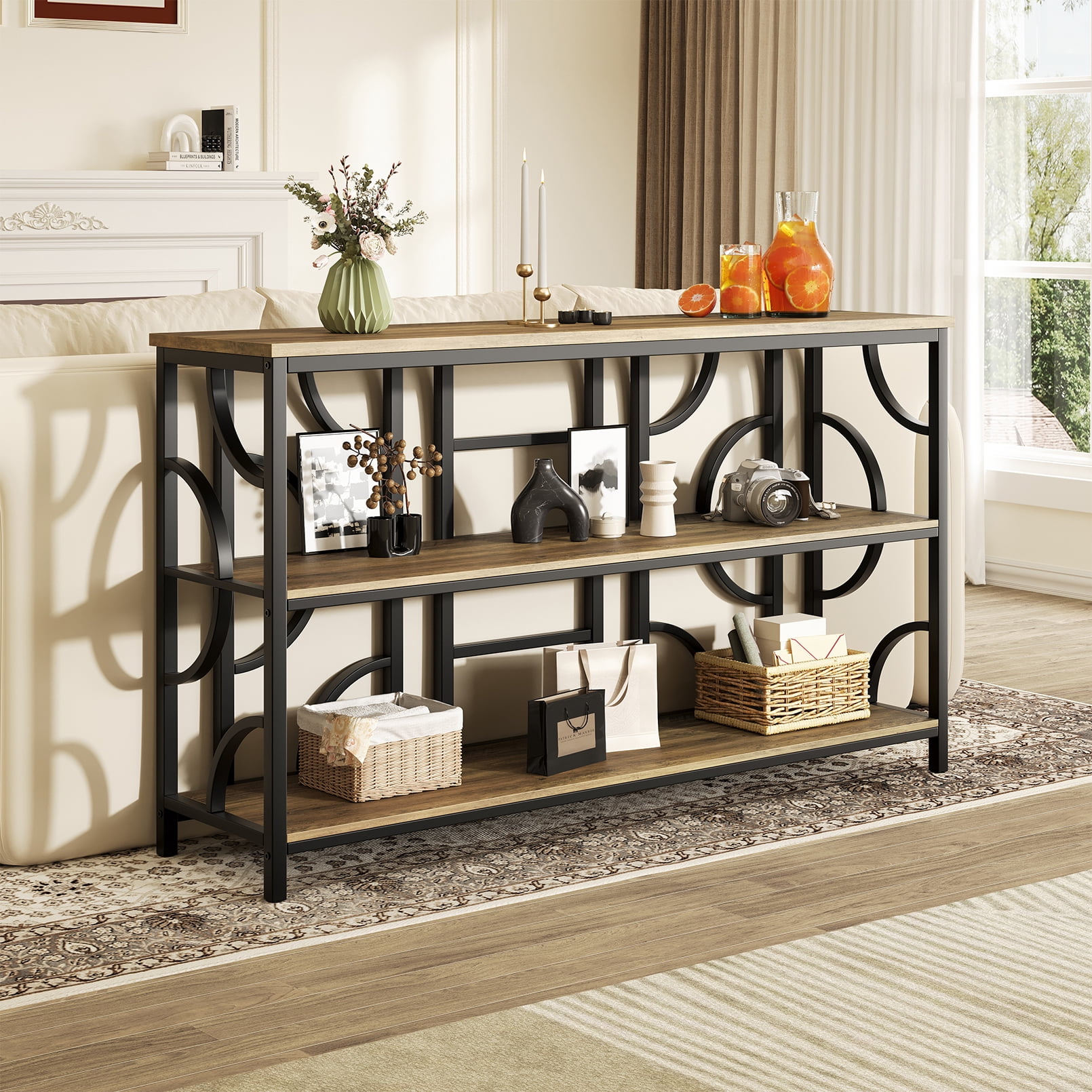 Vividwood 55'' Industrial Sofa Table, 3-Tier Storage Console Table with Unique Geometric Design, Behind Couch Accent Table for Entryway, Living Room, Foyer, Hallway, Office - Rustic Brown