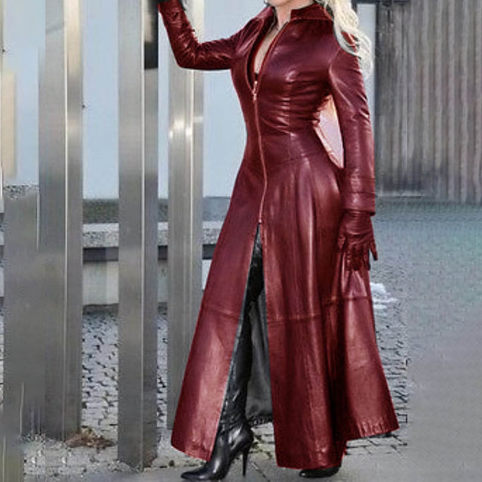 Dezsed Women's Faux Leather Trench Coat Women's Fashion Sexy Fall And Winter Solid Long Leather Coat Imitation Leather Windbreaker Coat Red S