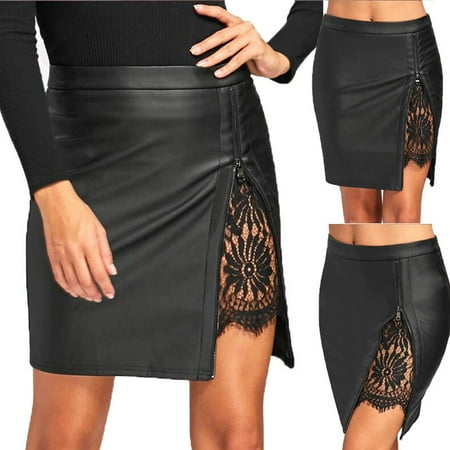 - Women Lace Leather Lady Stretch High Waist Short Bodycon Mini Skirt Pencil Dress
