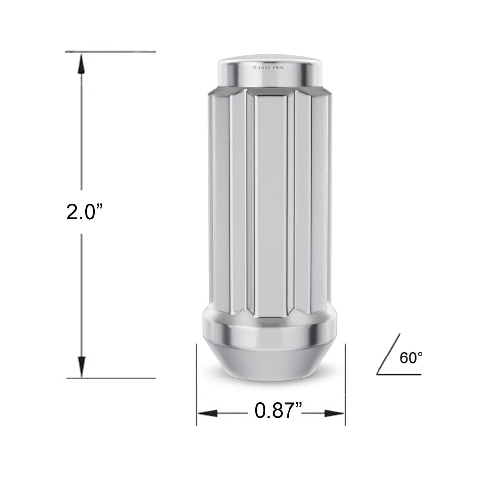 24pcs Silver Spline 14x1.5 Lug Nuts (51mm Length x 22mm Width) Bulge Cone Acorn Taper Seat - Includes 1 Socket Key Compatible with 2018+ Jeep Wrangler JL, Ford Chevy GMC Buick Cadillac