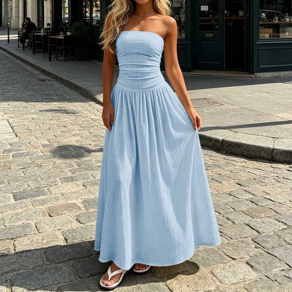 IUYRTFE Women's Strapless Ruched Waist Maxi Dress Solid Color A Line Long Casual Summer Gown