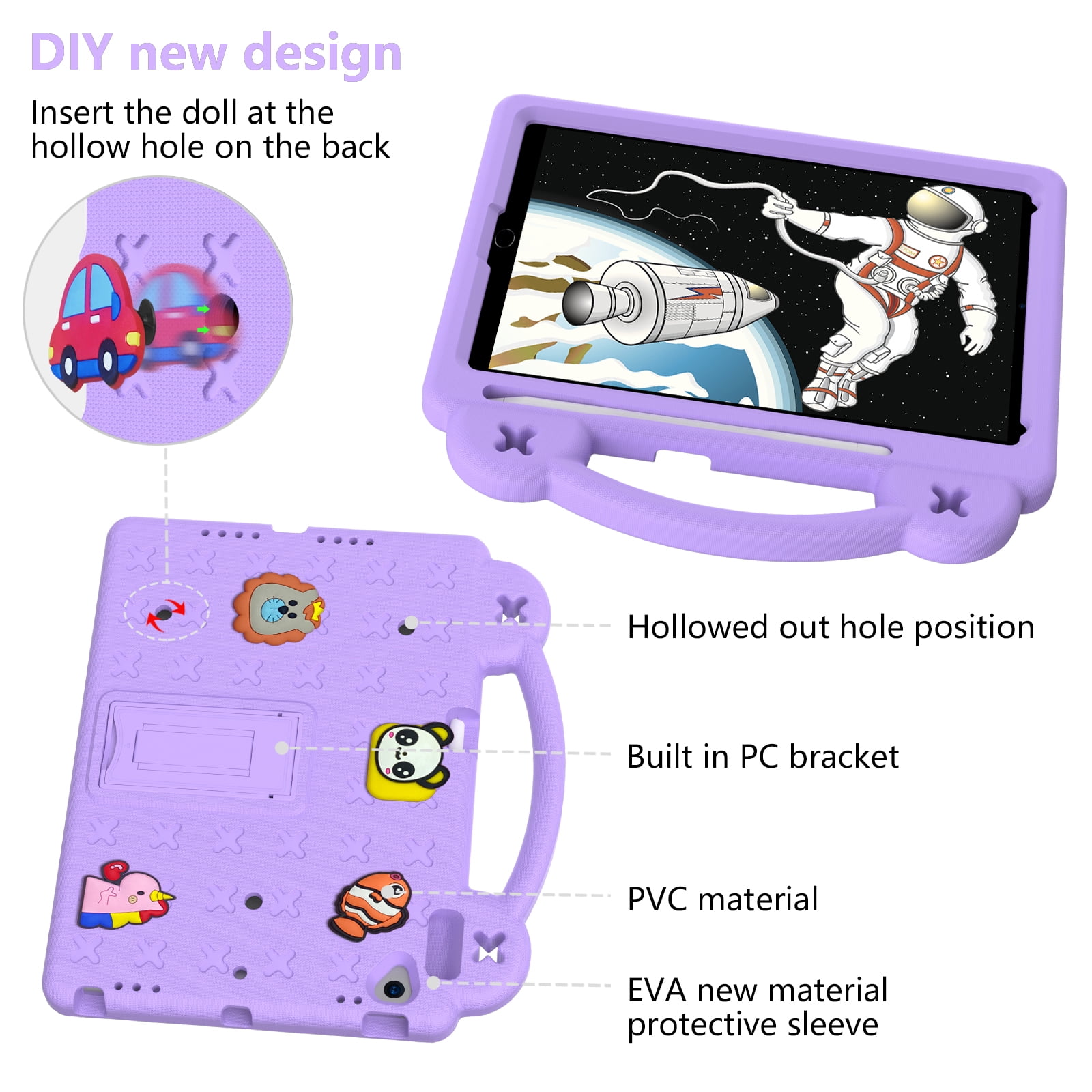 ELEHOLD Kids Case for iPad 9th/8th/7th Gen (2021/2020/2019)10.2 inch, EVA Foam Cute Cartoon Case with Built-in Kickstand Pencil Holder Shockproof Portable Case for iPad 10.2",Lightpurple