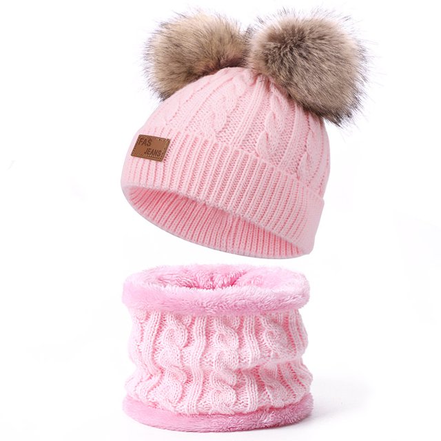 Niño Invierno Cable Knit Fleece Forrado Warm Pom Pom Beanie Hat Circle Bufandas oso de fresa Electrónica