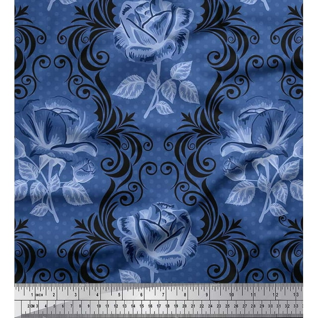 Soimoi Poly Georgette Fabric Dot,Damask & Rose Flower Printed Fabric 1 Yard 42 Inch Wide