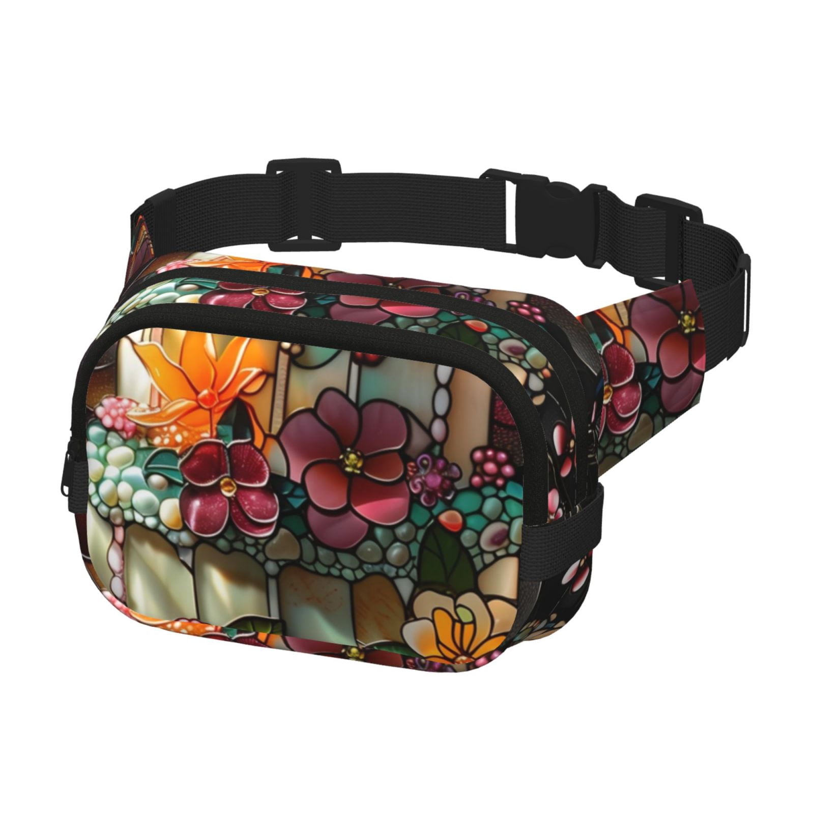 Picia Stained Glass Floral Cake Print Square Double-Layer Waist Bag Mini Adjustable Waist Belt Bag Exercise Running Travel Hiking