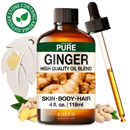 Kukka Ginger Essential Oil with Aromatherapy Stone - 100% Pure Warm Spicy Scent for Massage, Diffuser, Natural Self-Care & DIY - 4 Fl Oz