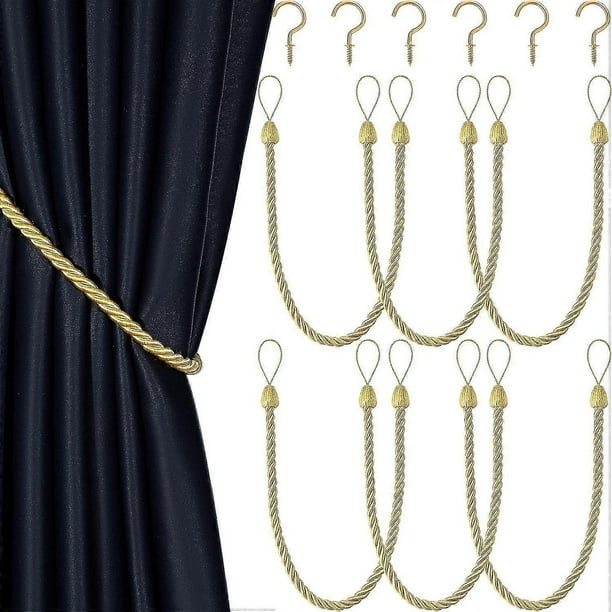 6-Pack Braided Curtain Tiebacks Rope Curtain Tiebacks Handmade Curtain Holdbacks Drapery Tiebacks with Tie Down Hooks for Metal Curtains, Gold