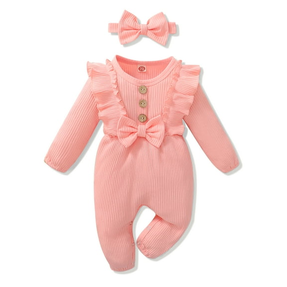KIMI BEAR Newborn Baby Girls Rompers Long Sleeves Bodysuits with Headband 2pcs Fall Clothes Pink 3-6 Months