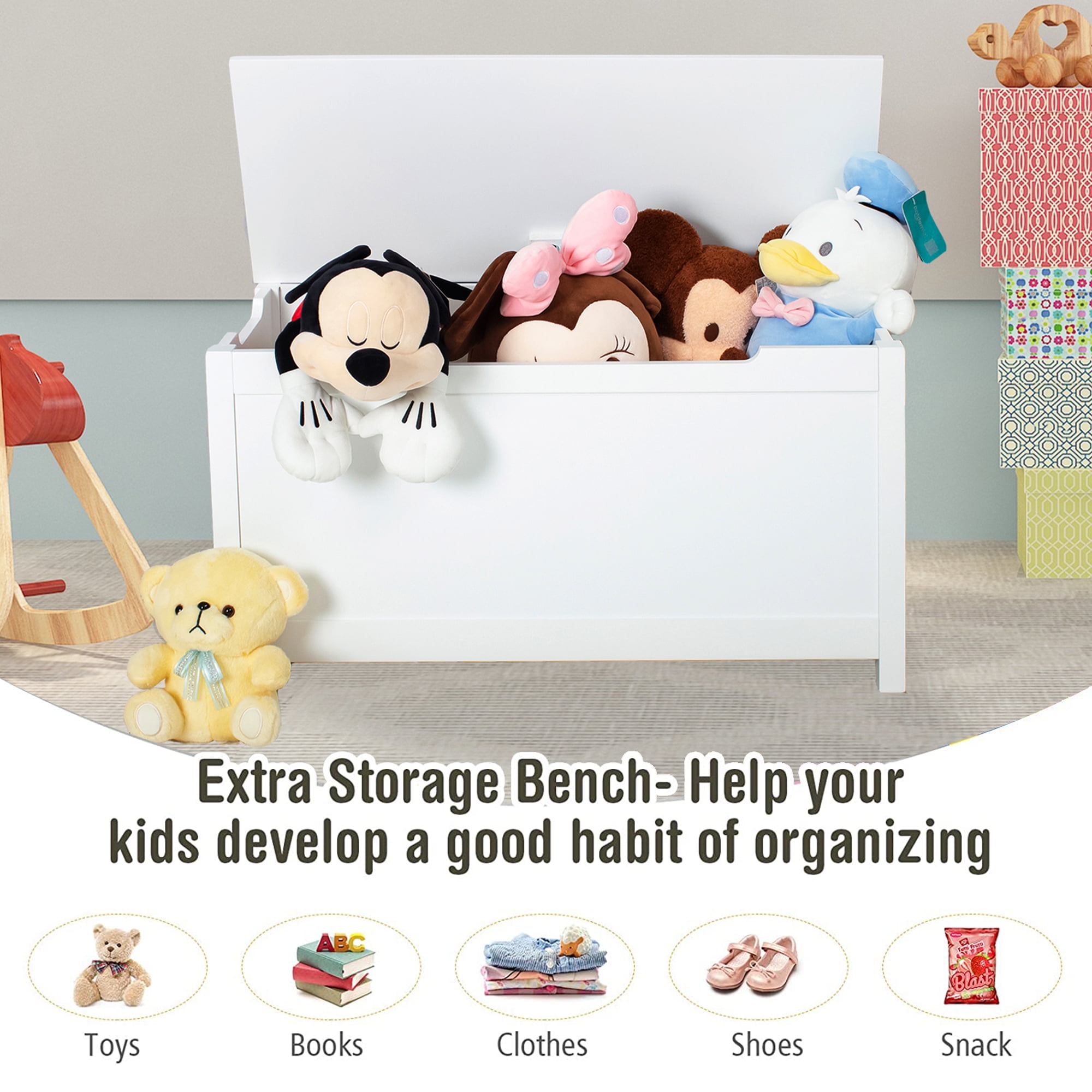 Kids Toy Storage Box, Wooden Toy Storage Chest with Safety Hinged Cover & Seating Bench, Large Storage Space Toy Organizer Chest, Suitable for Bedroom, Living Room, Playroom, Study Room, White, D1038