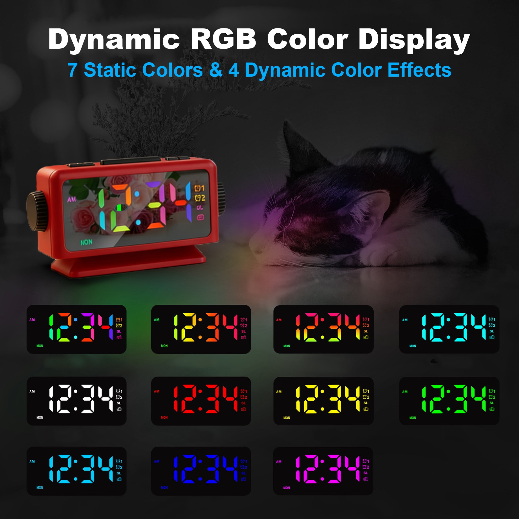 GJX Digital Desk Clock,Large Screen Display Bedside Clock,Multifunctional Alarm Clocks for Bedrooms,Calendar Radio,RGB Colorful Mirror,Dual Alarms,Snooze Function 5-60 min,12 Level Volume,12/24H