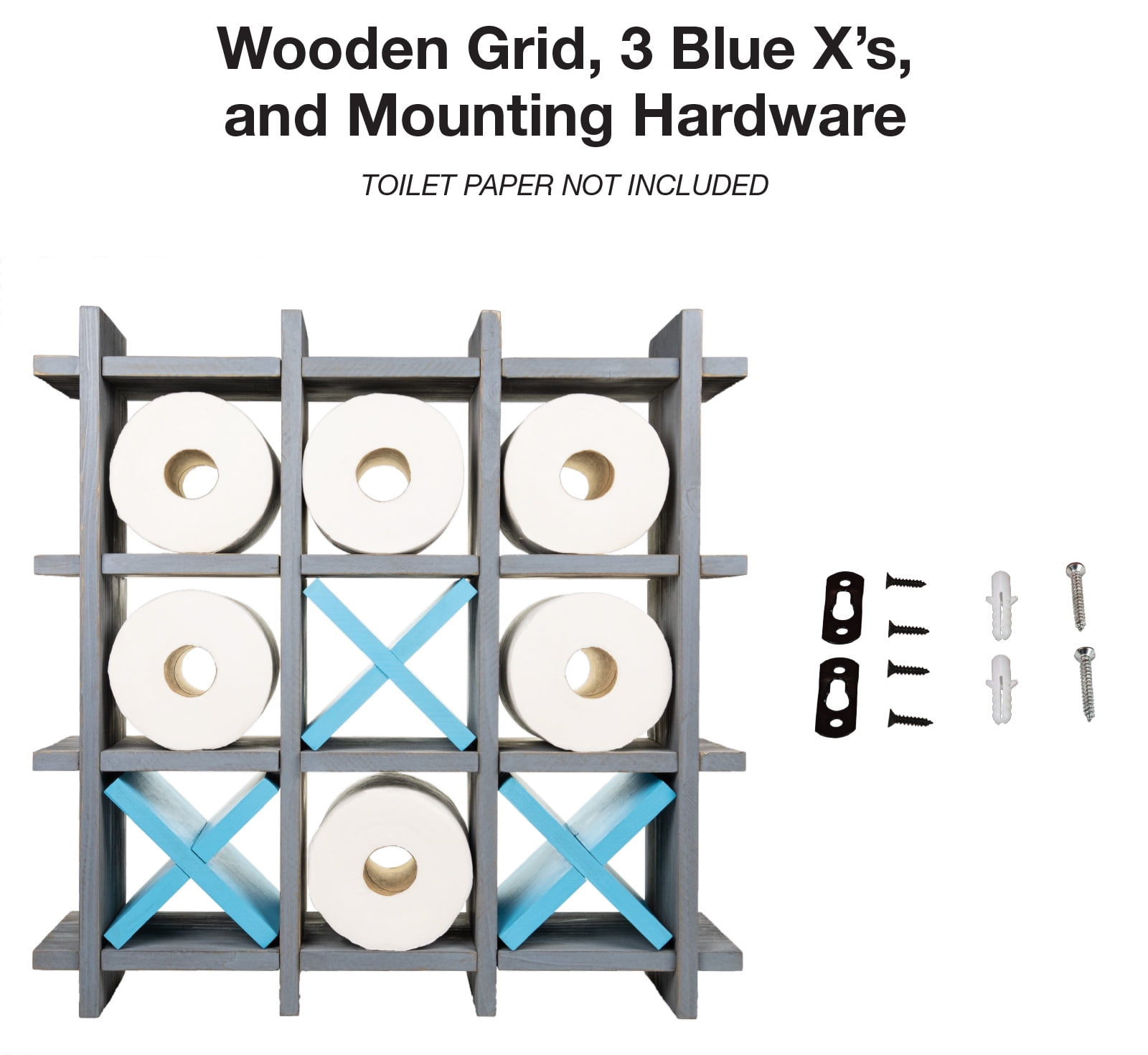 Excello Global Products Gray Wooden Toilet Paper Holder: Tic Tac Toe Design for Wall Mounted or Freestanding Bathroom Tissue Roll Storage Organizer - EGP-HD-0162A-OS
