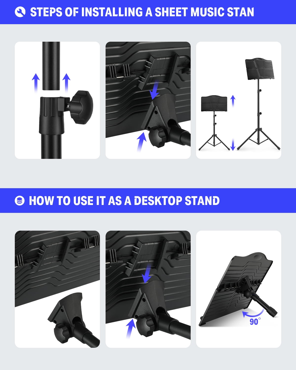 Donner Sheet Music Stand with Detachable Hanger for Guitar, Ukulele, Violin, Portable Metal Music Stand with Light