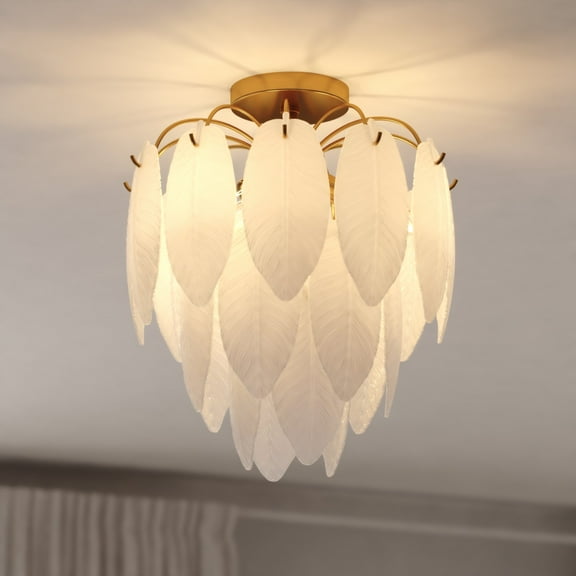 Burbank 4-Light 13.5 in. Wide Muted Gold Brass Traditional Waterfall Semi Flush Mount Lighting Fixture, White Frosted Leaf Glass Shade, Dimmable LED Compatible for Low Ceilings