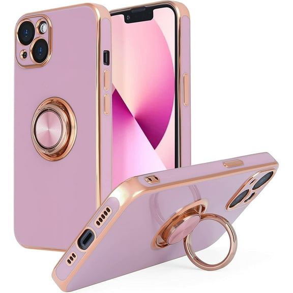 Design for iPhone 13 Case, Built-in 360° Rotatable Ring Holder Magnetic Kickstand Soft Silicone Ultra Slim Edge Plating Protective Cover 2021 6.1 Inch (Dark Green)