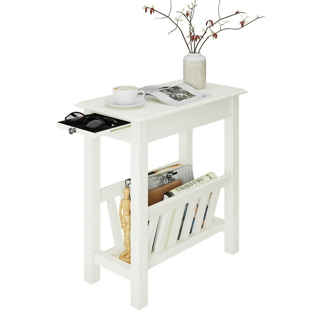 Gymax Table d'Appoint Table de Chevet avec Étagère de Rangement Inférieure et Pieds en Bois de Caoutchouc Blanc