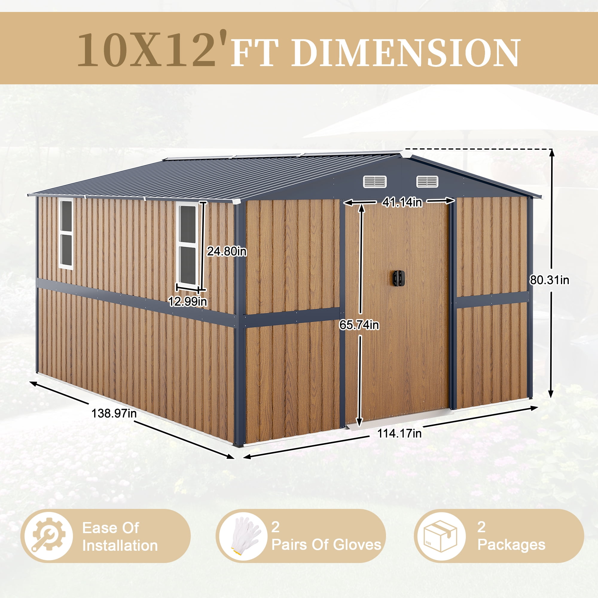 DTTRA 10 x 12 FT Outdoor Storage Shed, Metal Garden Shed with Lockable Doors & 2 Windows, Sloped Roof & 4 Air Vents, Weather-Resistant Backyard Shed for Patio, Tool, Pet or Chicken Coop Storage