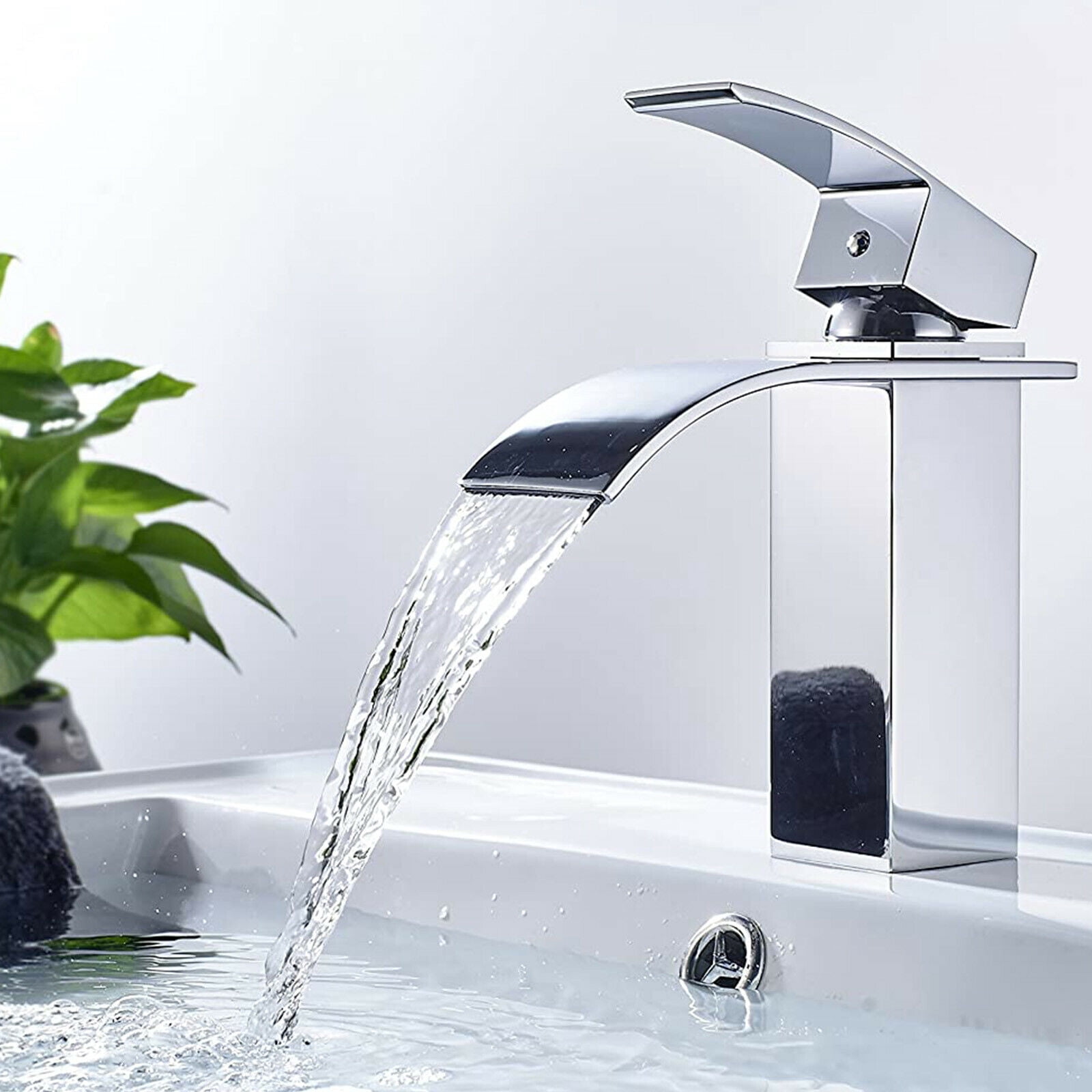 Zovajonia  Brass Bathroom Sink Faucet Basin Vanity Waterfall Spout Single Handle Mixer Tap Polished Chrome