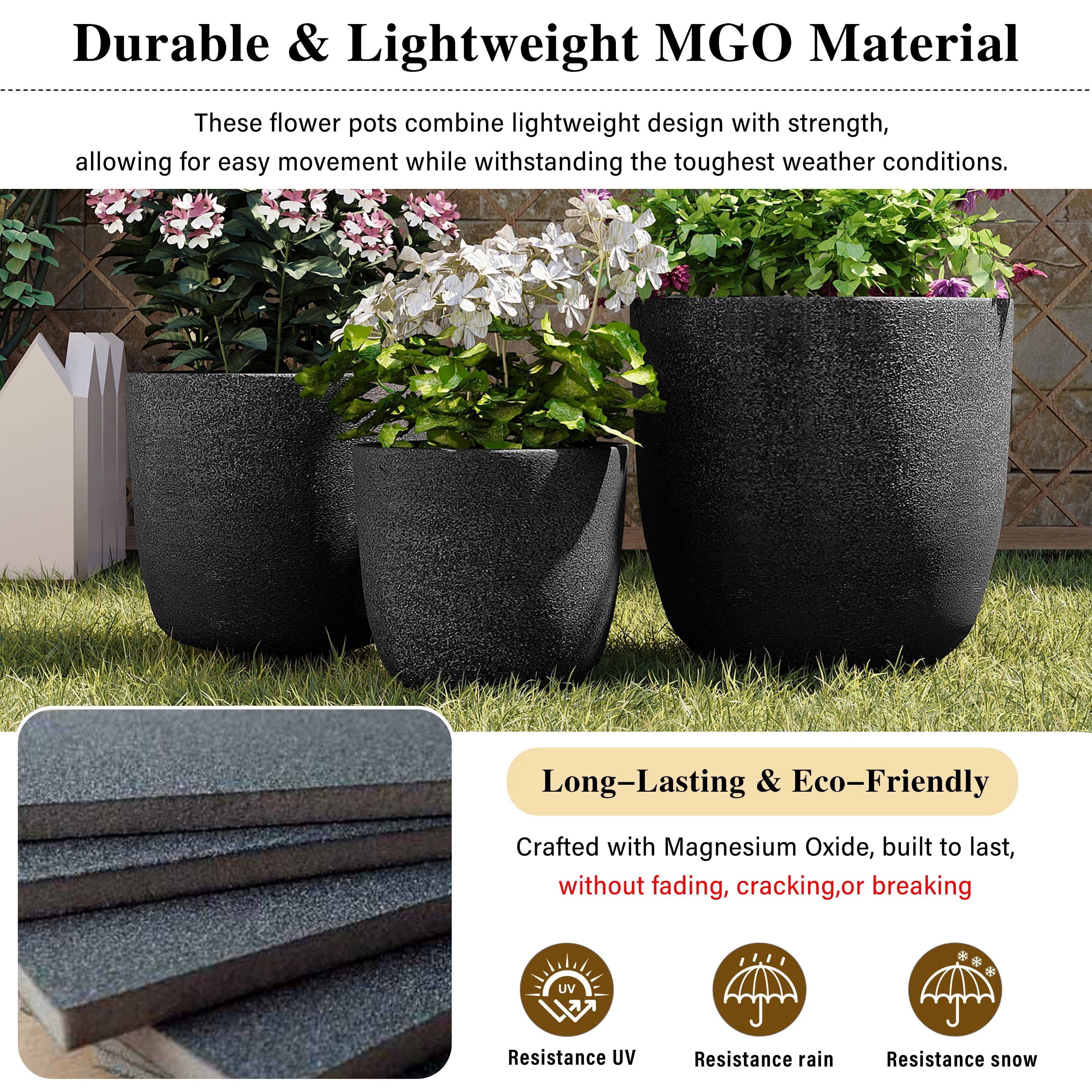 Euroco Lightweight Flower Pot Set of 3, 16.93"+13.98"+11.22" Dia Round Concrete Stackable Planter with Drainage Holes and Rubber Plug,Modern Decorative Pots for Indoor Outdoor,Patio Garden Balcony