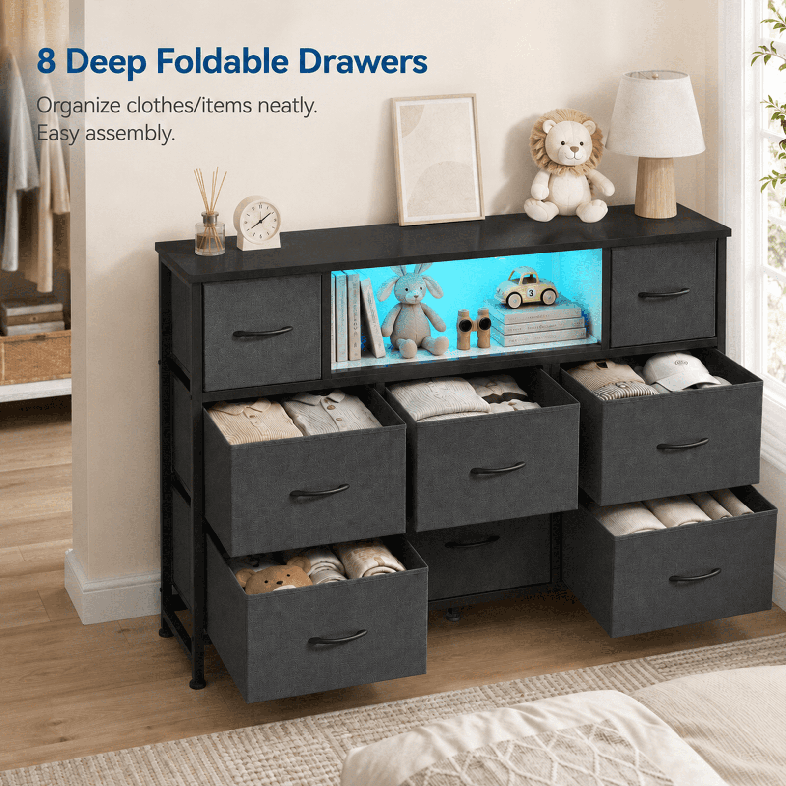 Alvantor Dresser TV Stand for 45, 50, 55 inch TV, Entertainment Center with LED Lights & Charging Station, Chest of Drawers with 8 Fabric Drawers and Open Shelves for Living Room, Hallway, Wood Top