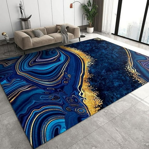 Classic Royal Blue Marble Area Rug, Luxury Gold Splashed Ink Living Room Rug, Soft Washable Printed Fade Resistant No Crease Rugs For Hallway Floor Nursery Bedroom Study Room 5 x 7ft