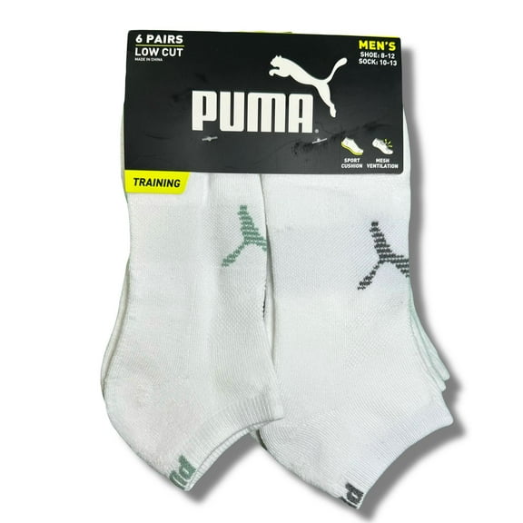PUMA SOCKS MEN'S - LOW CUT - DUSK 253 - WHITE WHITE - LARGE (10-13) PACK 6 XX