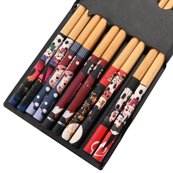 Reusable 5Pairs Tableware Handmade Bamboo Japanese Natural Wood Chopsticks Sushi Food Cat Flower Multi Color Wooden Chop Sticks