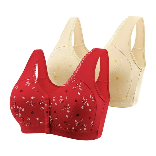 AherBiu 2pc Plus Size Bras for Seniors Women Wireless Full Coverage Floral Front Closure Bralettes Comfortable Bras