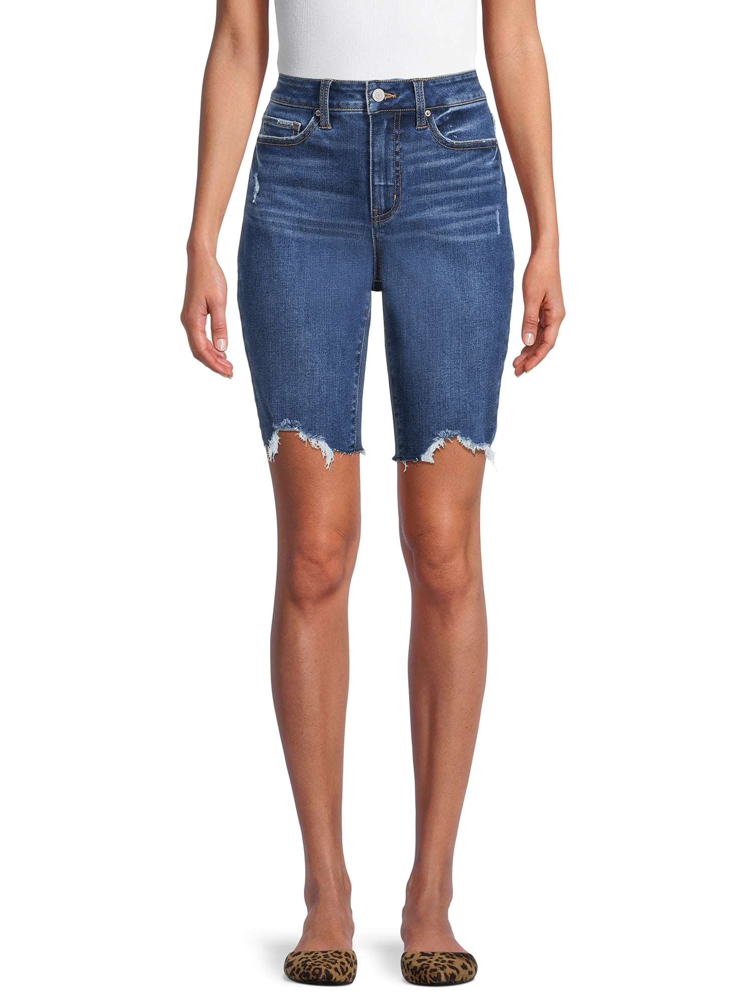 Time and Tru Women's High Rise Bermuda Shorts with Sharkbite Hem