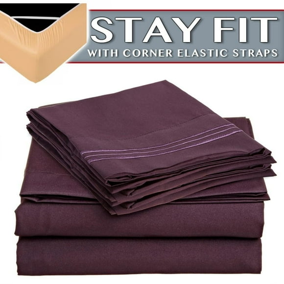 Clara Clark 1800 Series Bed Sheet Sets - Stay fit on Mattress with Elastic Straps at Corners - Cal King Size, Purple Eggplant