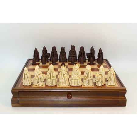 Isle of Lewis Chessmen on Walnut/Maple Chest with Drawer