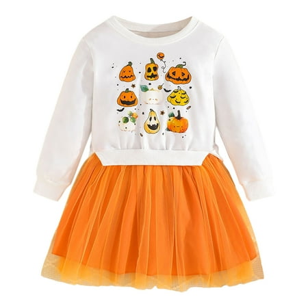 

Girl s Pumpkin Print Long Sleeved Top Bow Mesh Skirt Two Piece Dress Set Summer Dresses for Kids Flower Girl Dresses for Wedding Lavender Toddler Girls Clothes Girls Dresses for Kids First Birthday